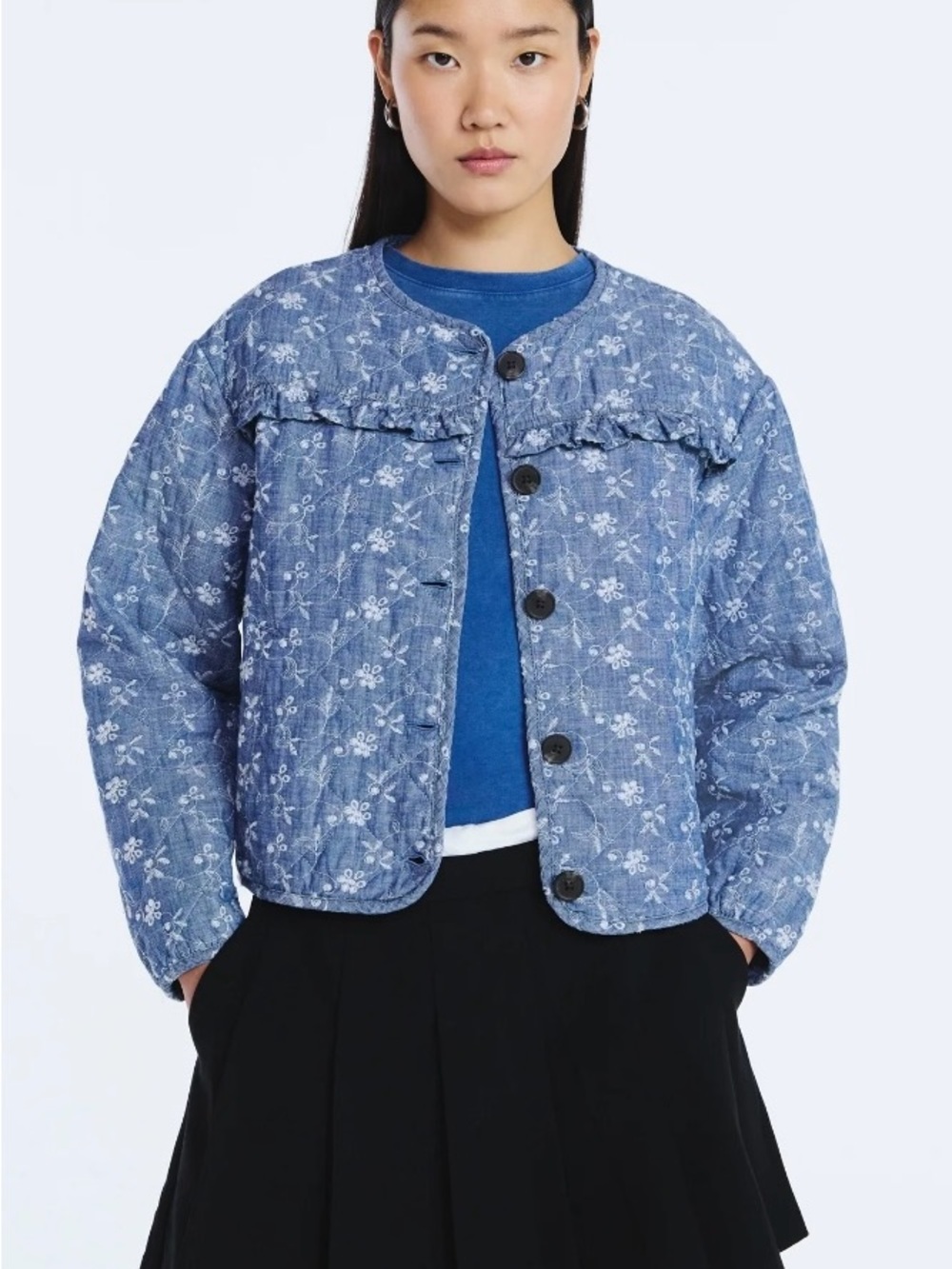 NWT Scoop Quilted Eyelet puff sleeve Bomber Jacket in Blue white floral